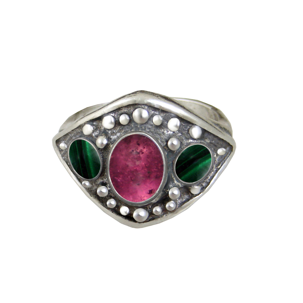 Sterling Silver Medieval Lady's Ring with Pink Tourmaline And Malachite Size 7